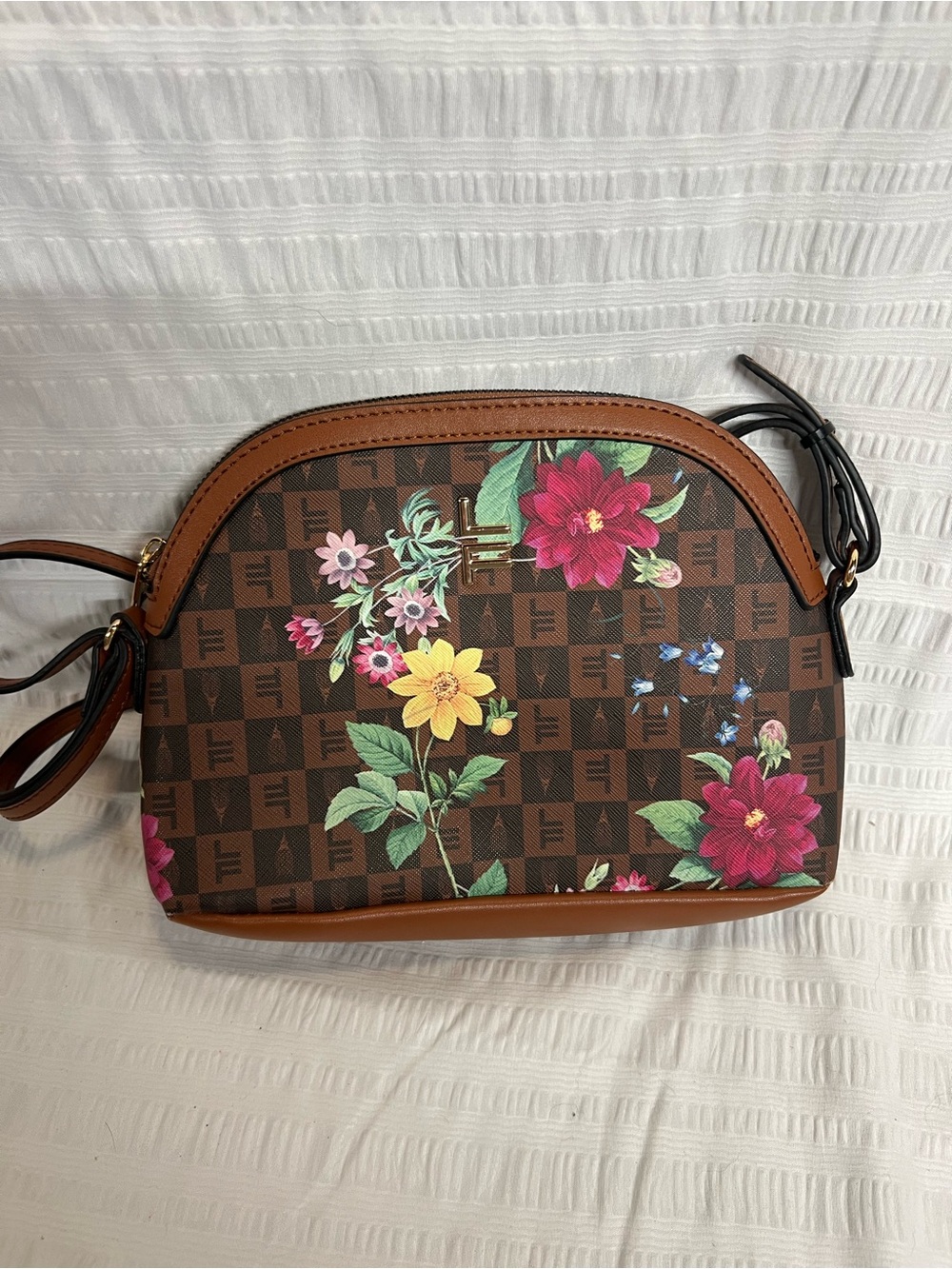 London Fog Floral Dome Crossbody in Brown, Pink, Yellow